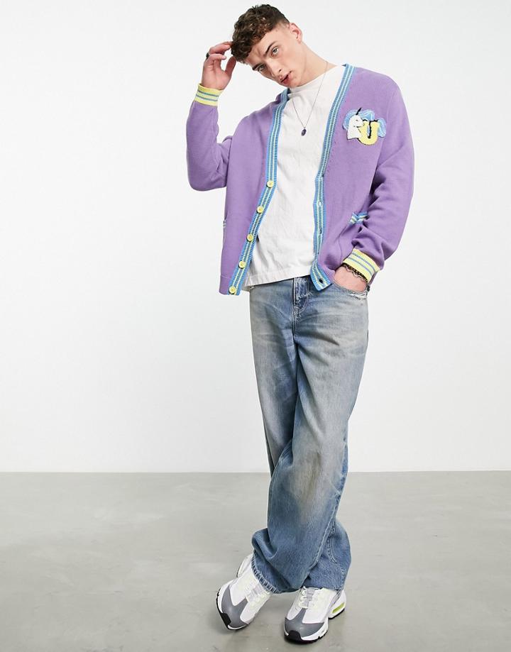 Asos Design Knitted Cardigan With Badging In Purple