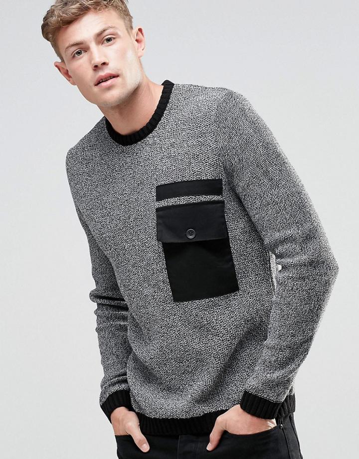 Asos Crew Sweater With Contrast Woven Pocket - Black Twist
