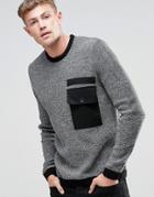 Asos Crew Sweater With Contrast Woven Pocket - Black Twist