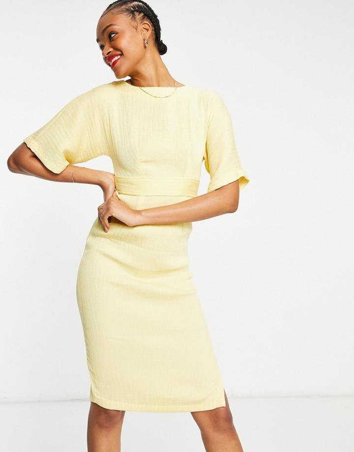 Closet London Ribbed Pencil Work Midi Dress With Tie Back In Lemon-yellow