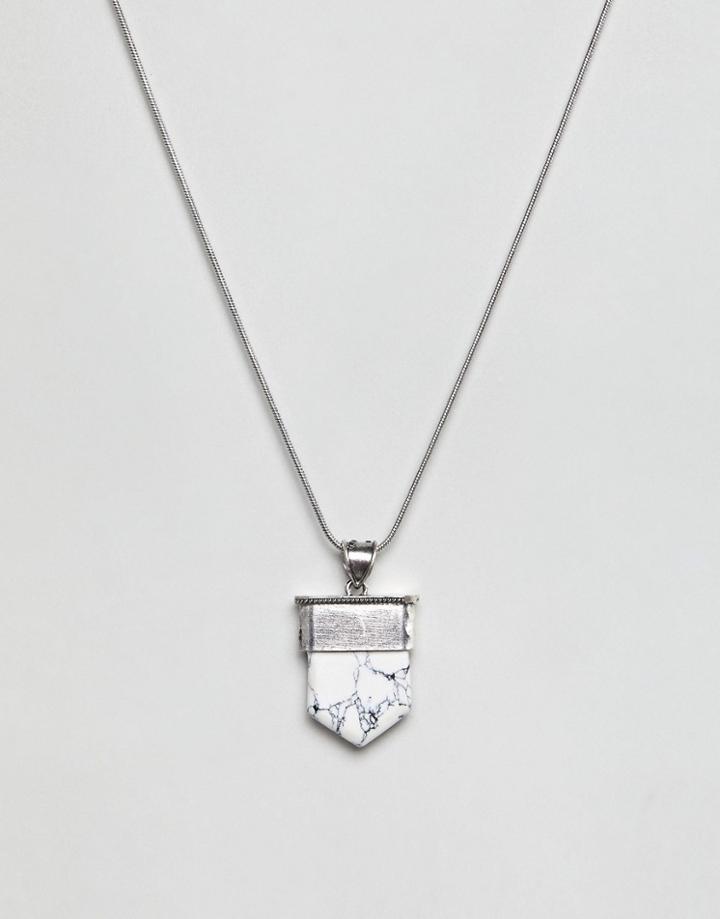 Asos Design Burnished And Engraved Stone Pendant Necklace - Silver