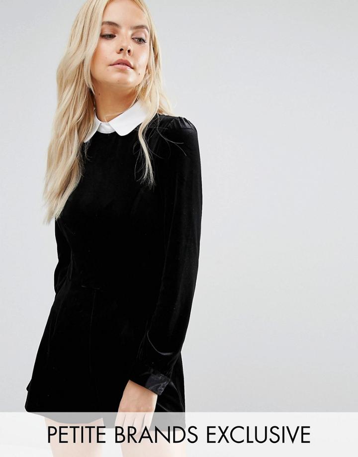 Fashion Union Petite Velvet Romper With Contrast Collar And Tie Detail