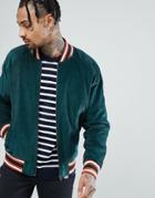 Asos Cord Bomber Jacket With Tipped Rib In Bottle Green - Green
