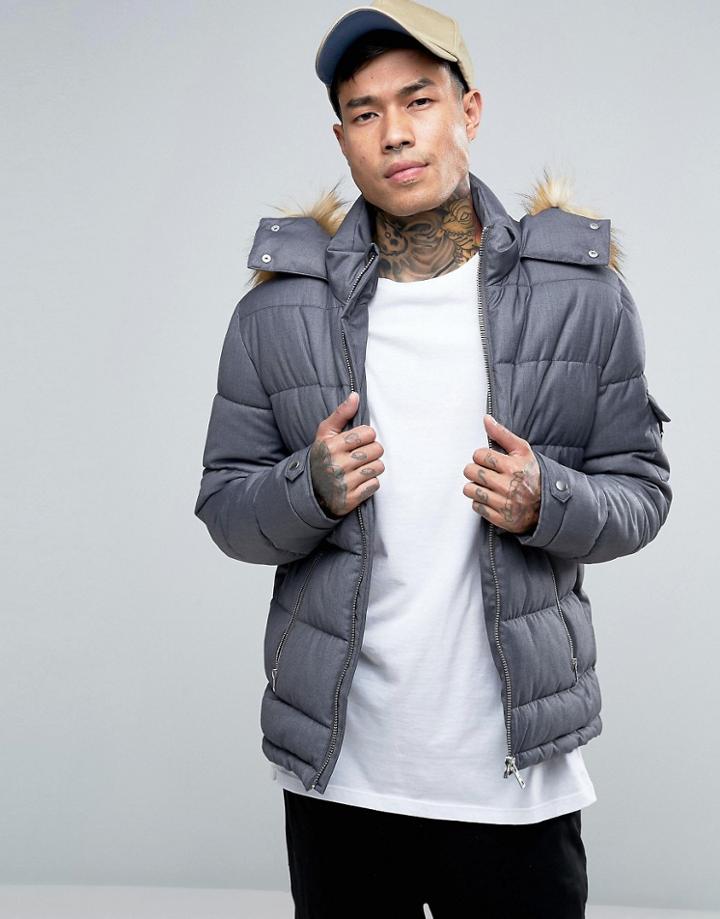 Asos Quilted Jacket With Fur Trim Hood In Gray - Gray