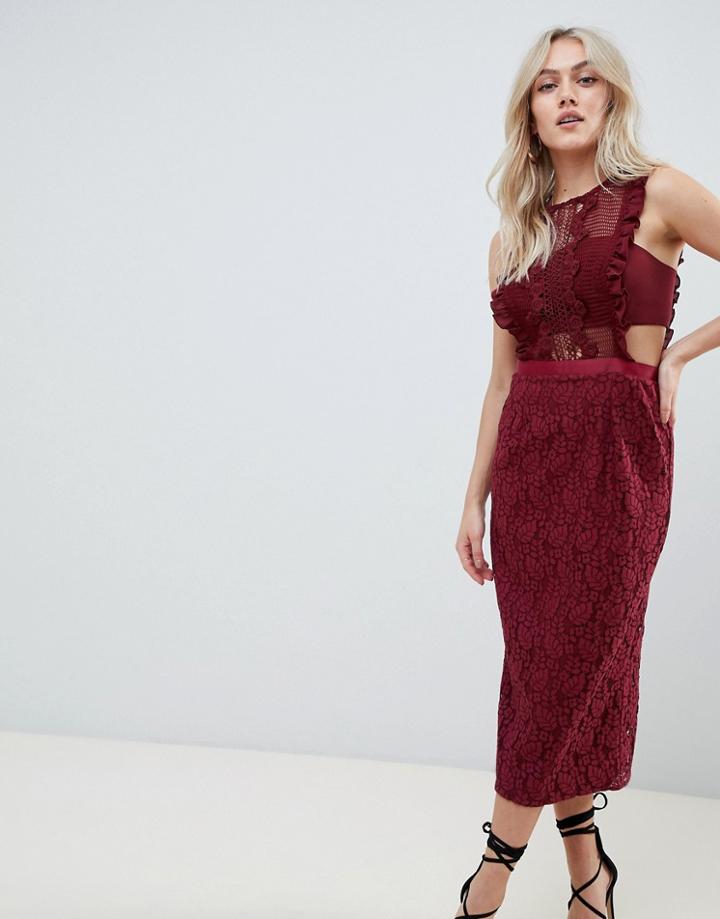 Asos Design Lace Pencil Midi Dress With Frill Pinny Bodice-multi