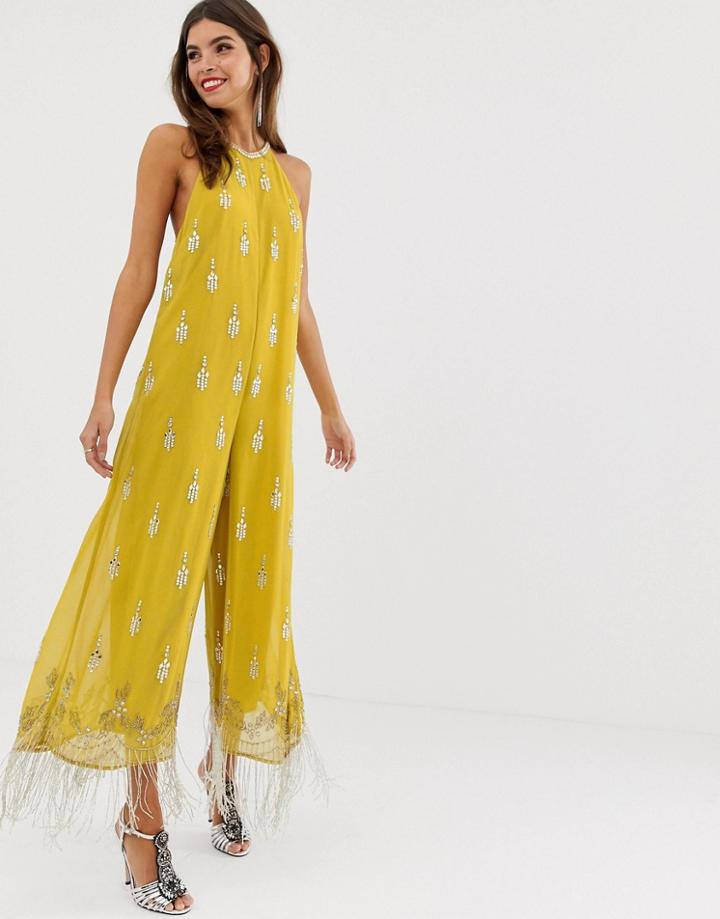 Asos Edition Crystal Embellished Strappy Back Jumpsuit - Yellow