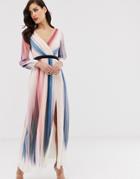 Little Mistress Ombre Stripe Long Sleeve Printed Wrap Dress - Multi