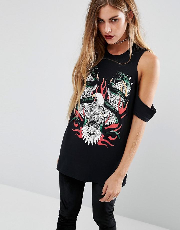 Rokoko Halloween Cold Shoulder Tour T-shirt With Snake Print - Black