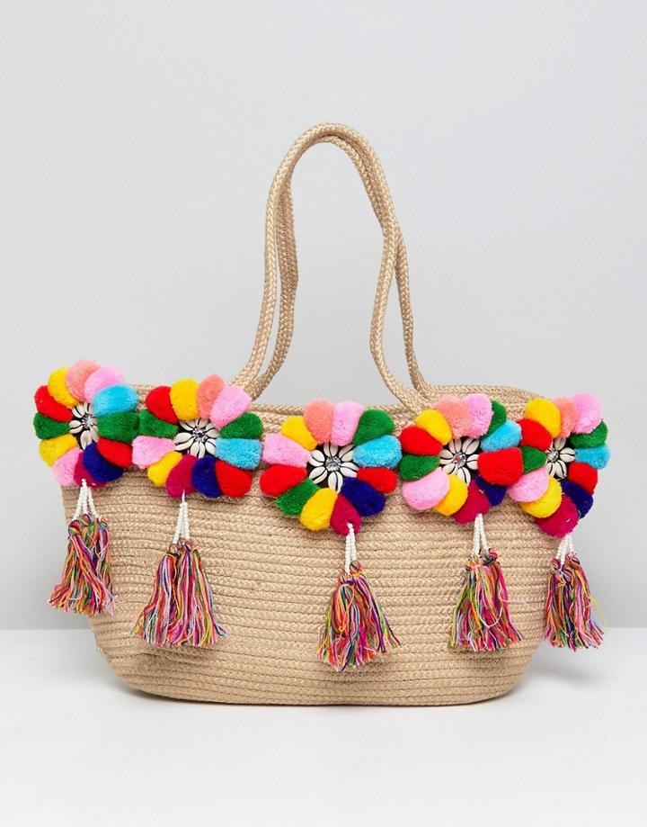 America & Beyond Multicolor Pom Pom Structured Beach Bag - Multi