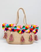 America & Beyond Multicolor Pom Pom Structured Beach Bag - Multi