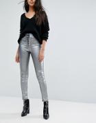 Missguided Coated Lace Up Skinny Jean - Silver