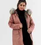 Asos Design Petite Parka With Detachable Faux Fur Liner-pink