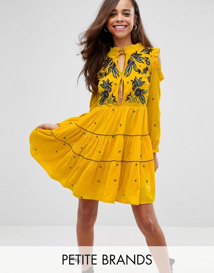 Frock And Frill Petite Cold Shoulder Velvet Smock Dress With Floral Embroidery - Yellow