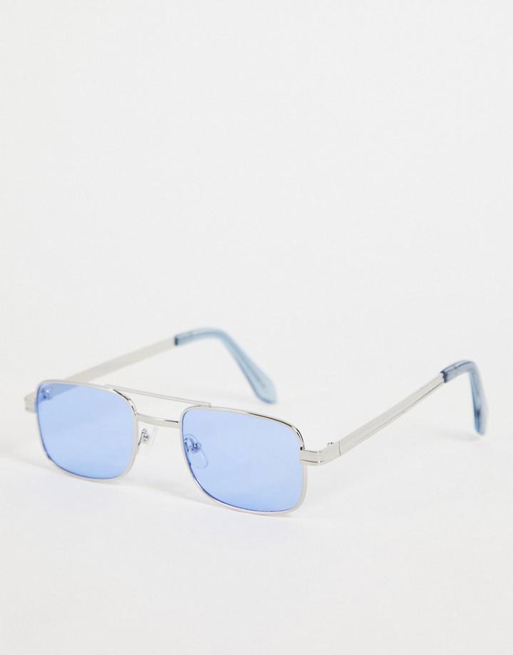 Asos Design 90's Mini Square Sunglasses With Blue Lens In Silver