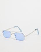 Asos Design 90's Mini Square Sunglasses With Blue Lens In Silver