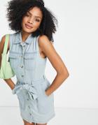 Miss Selfridge Cargo Denim Sleeveless Button Front Belted Dress In Lightwash Blue