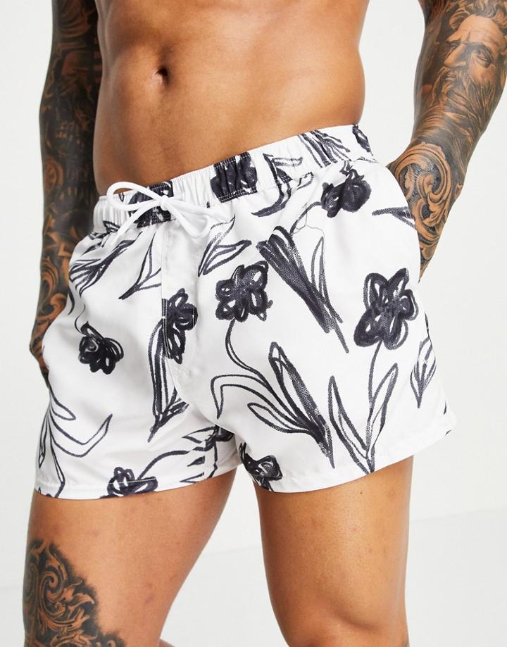 Asos Design Swim Shorts In Short Length Monochrome Floral Print - Part Of A Set-white