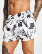 Asos Design Swim Shorts In Short Length Monochrome Floral Print - Part Of A Set-white