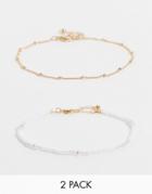 Asos Design Pack Of 2 Anklets With Pearl And Chain Design In Gold Tone