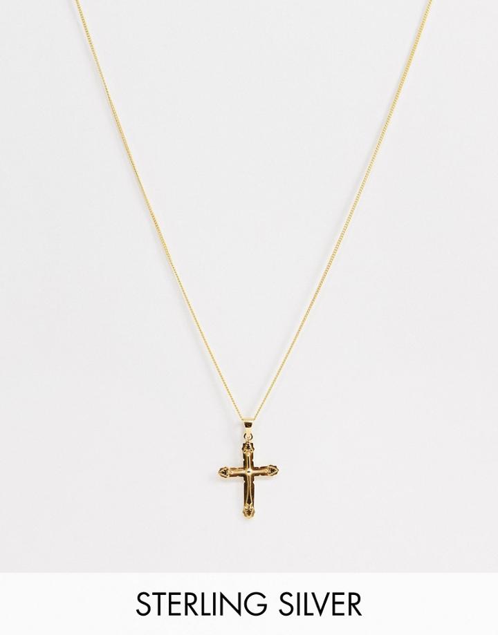 Asos Design Sterling Silver Cross Necklace With Burnished Gold Plating - Gold