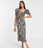 Asos Design Tall Satin Midi Tea Dress With Tie Front In Stone Zebra Print-multi