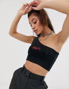 O Mighty One Shoulder Crop Top In Velvet With Rhinestone Detail And Logo Embroidery