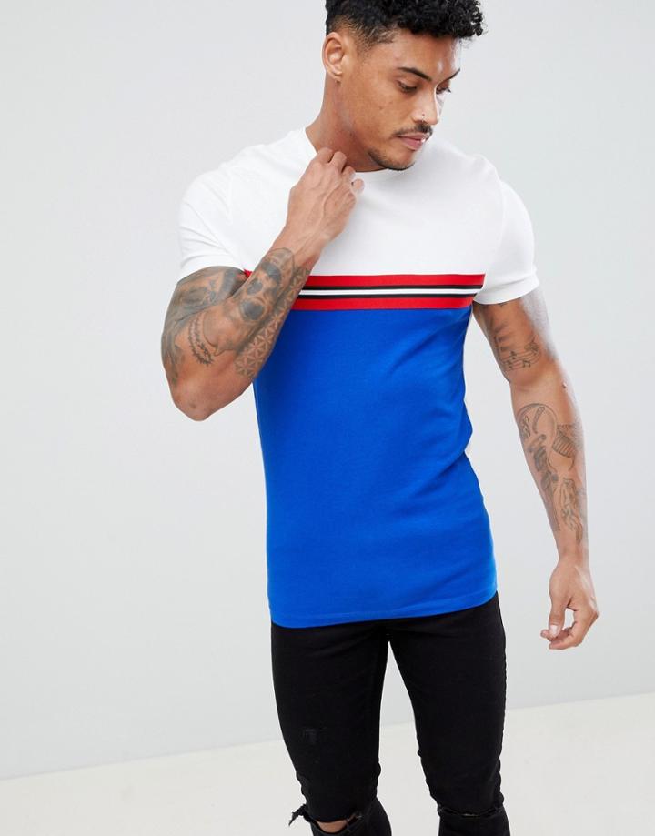 Asos Design Muscle T-shirt With Contrast Taping And Panel In Blue - Blue