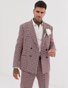 Asos Design Wedding Slim Double Breasted Suit Jacket With Large Houndstooth In Burgundy Wool Blend - Red