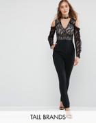 True Decadence Tall Cold Shoulder Lace Top Jumpsuit With Ruffle Sleeves - Black