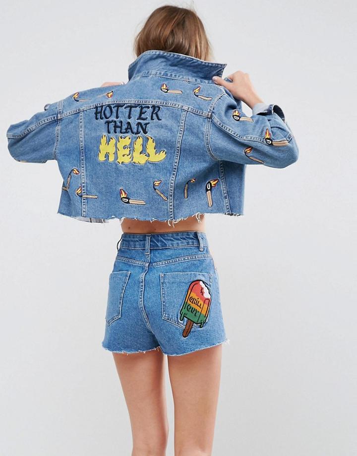 Asos X Lot Stock & Barrel Hotter Than Hell Embroidered Denim Jacket - Blue