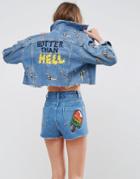 Asos X Lot Stock & Barrel Hotter Than Hell Embroidered Denim Jacket - Blue