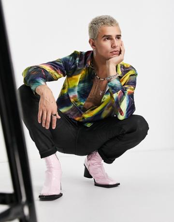 Devil's Advocate Watercolor Print Satin Shirt-multi