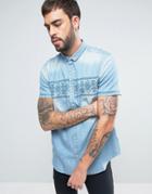 Brave Soul Denim Geo-tribal Embroidery Short Sleeve Shirt - Blue