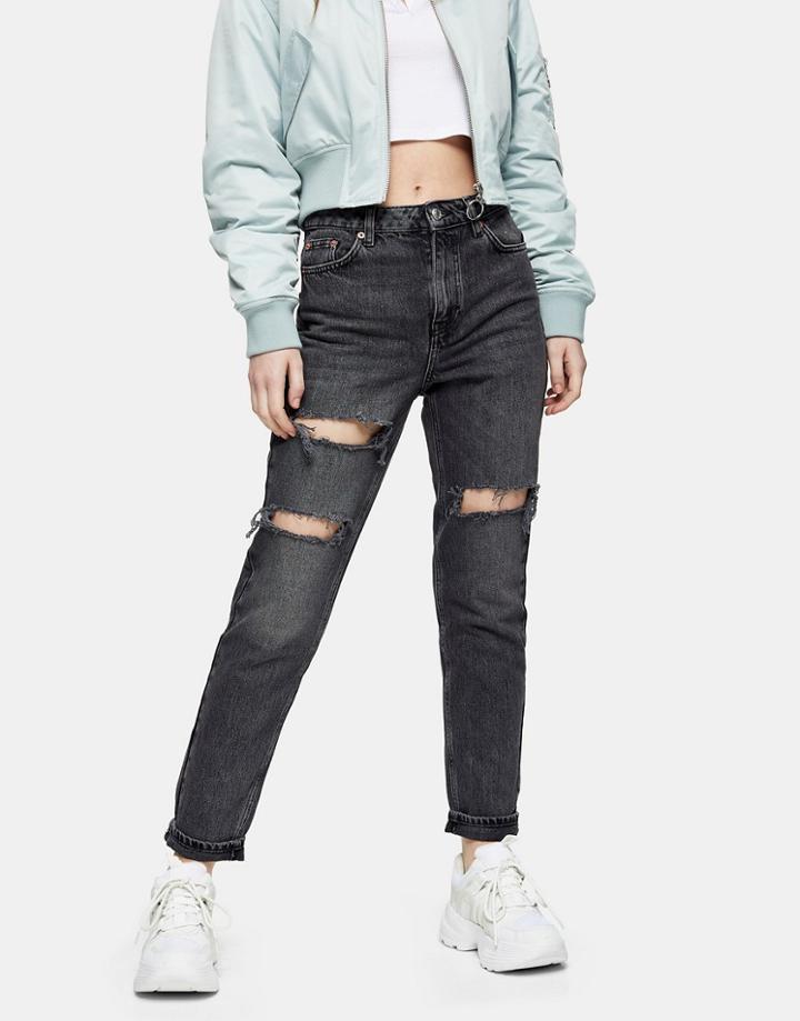 Topshop Double Knee Rip Mom Jeans In Washed Black