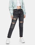 Topshop Double Knee Rip Mom Jeans In Washed Black