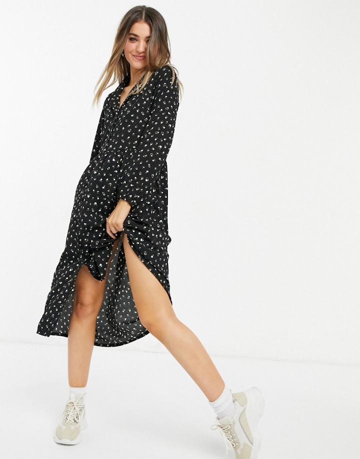 Monki Matilda Long Sleeve Midi Dress In Black Floral