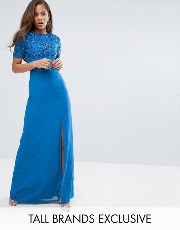 Maya Tall Allover Sequin Top Maxi Dress With Thigh Split - Blue