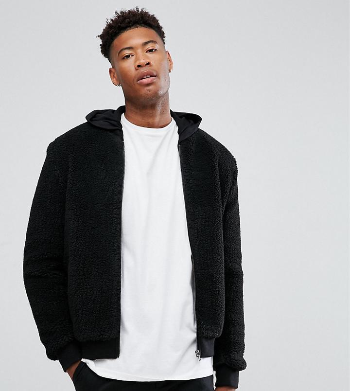 Asos Tall Borg Bomber Jacket In Black - Black