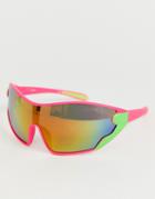 Asos Design Wrap Oversized Visor Sunglasses In Neon Frame - Pink