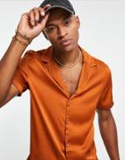 Asos Design Regular Deep Revere Satin Shirt In Recycled Polyester In Copper - Brown