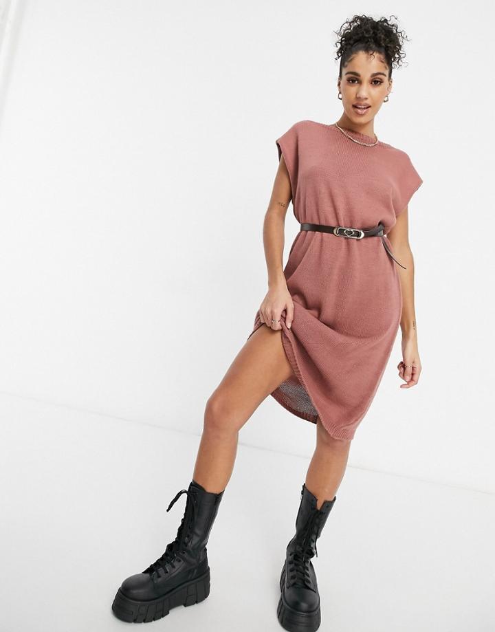 Naanaa Knitted Belted Midi Sweater Dress In Rust-orange