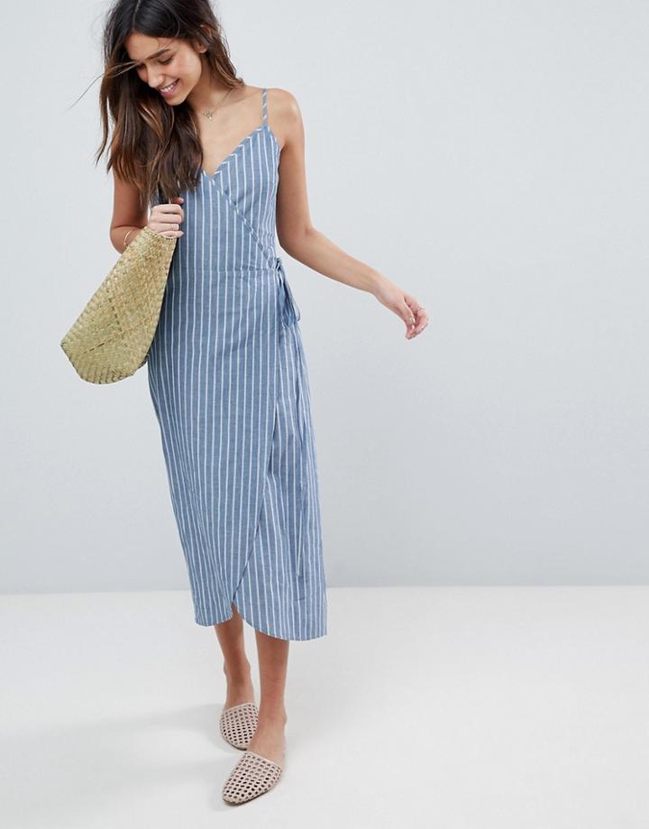 Asos Linen Wrap Side Maxi Dress In Stripe - Multi