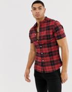 Asos Design Slim Fit Check Grandad Collar Shirt In Burgundy - Red