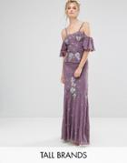 Maya Tall Allover Embellished Top Maxi Dress With Fluted Sleeve Detail - Purple
