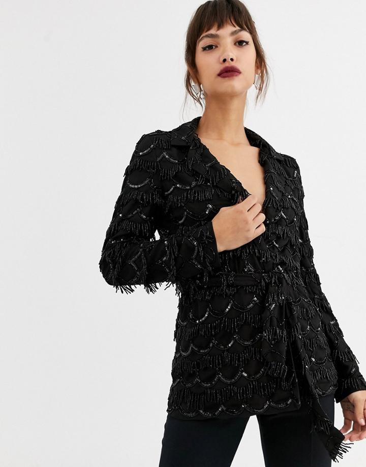 Asos Edition Oversized Blazer With Scalloped Beaded Fringe-blue