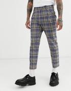 Asos Design Tapered Crop Smart Pants In Gray And Blue Check With Metal Pocket Chain