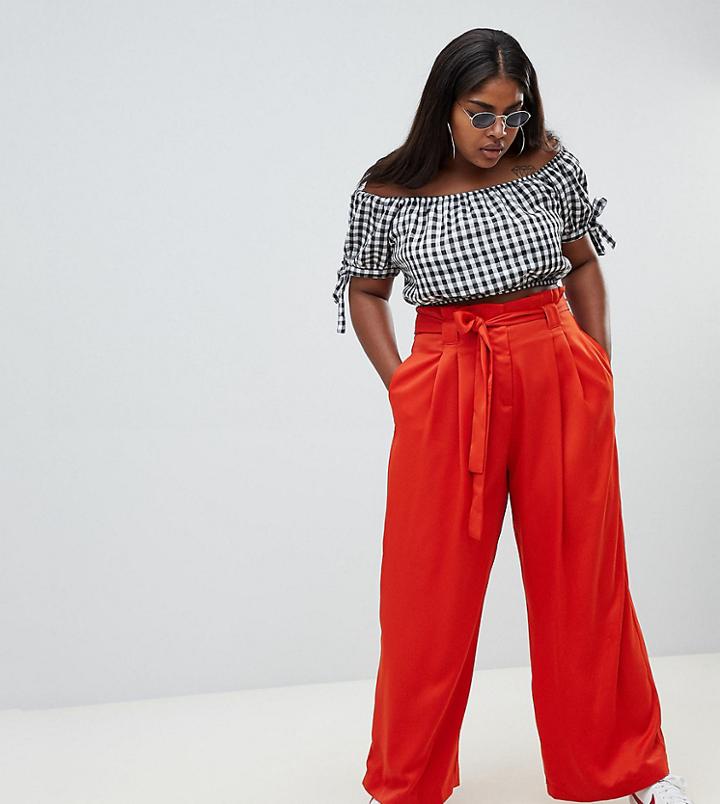 River Island Plus Wide Leg Pants With Tie Front In Red - Red