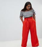 River Island Plus Wide Leg Pants With Tie Front In Red - Red