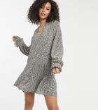 Asos Design Tall Plisse V Neck Long Sleeve Mini Dress In Cream And Black Ditsy-red