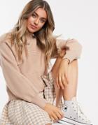 Bershka Ribbed Crew Neck Sweater With Balloon Sleeves In Beige-purple